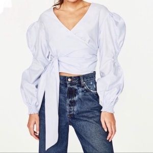 Zara Trafaluc Chambray Cropped Vneck Plunge Puff Sleeve Wrap Blouse [US S]